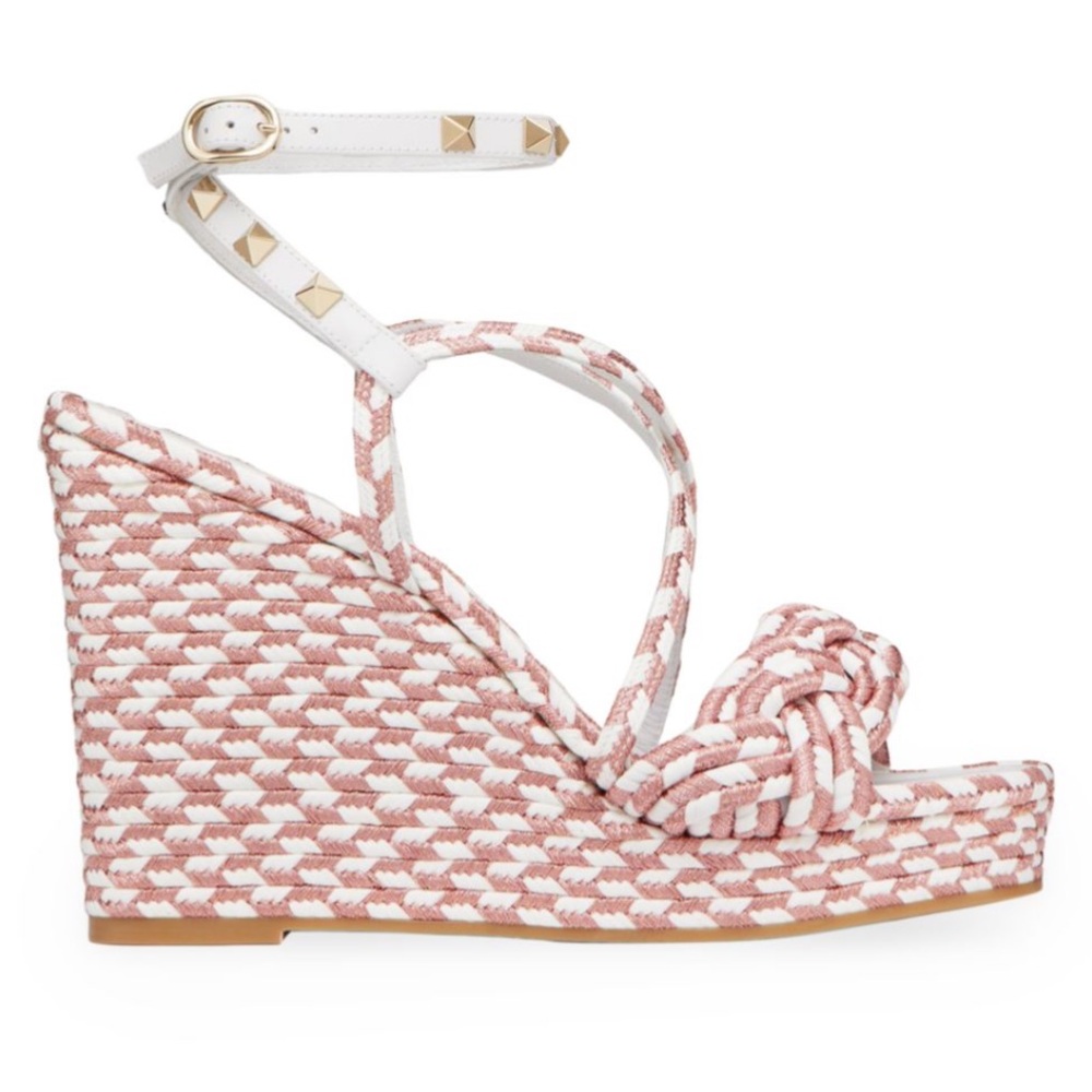 Valentino Garavani RockStud Silk Torchon Braided Wedge Sandals in Pink & White